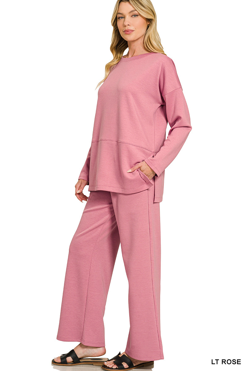 Zenana-SCUBA SIDE SLIT TOP & PANTS SET