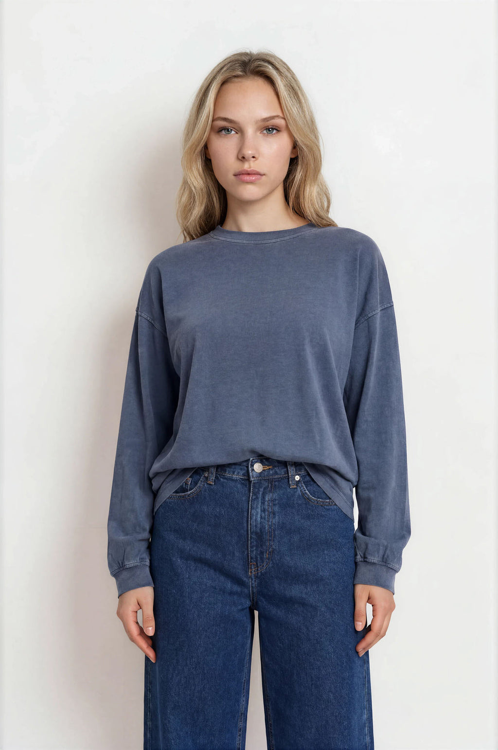 Blu Pepper-WASHED CREW NECK LONG SLEEVE KNIT TOP