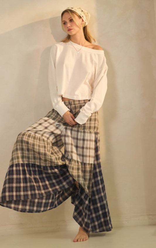 Patchwork Plaid Wide leg Drawstring Lounge Pants