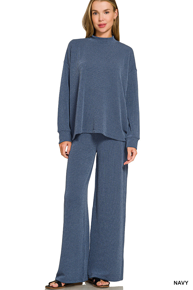 Zenana-RAISED RIB MOCK NECK LONG SLEEVE TEE & PANTS SET