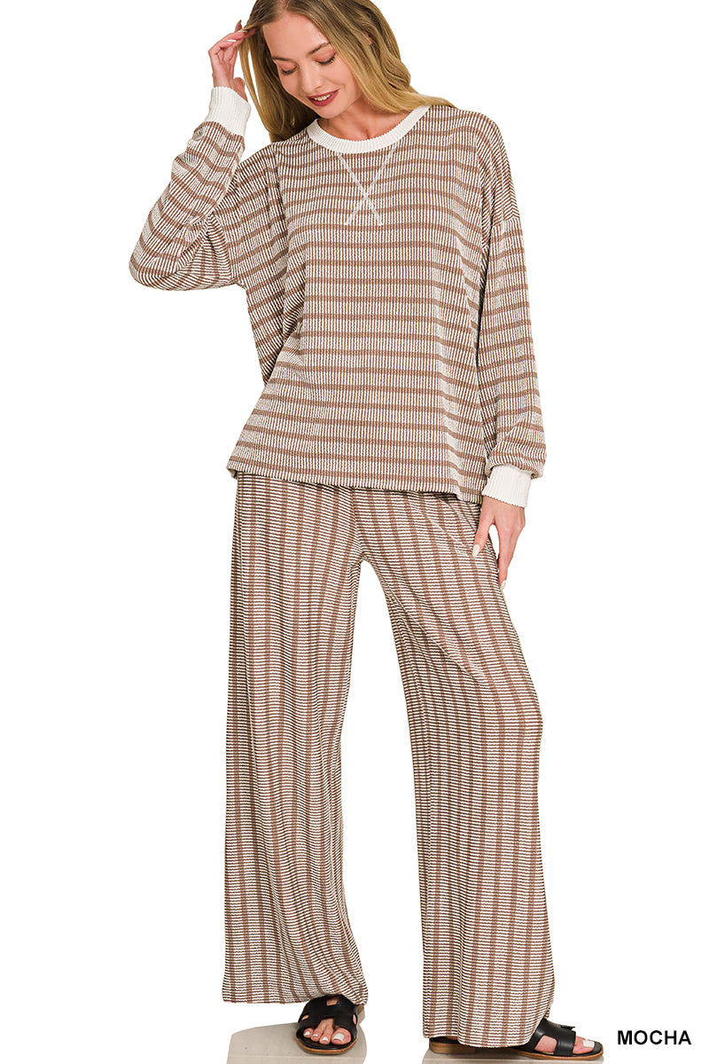 Zenana-RAISED RIB STRIPED PULLOVER & PANTS SET