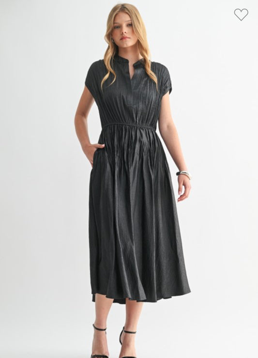 Texture Satin Pleat Drop Shoulder Midi Dress