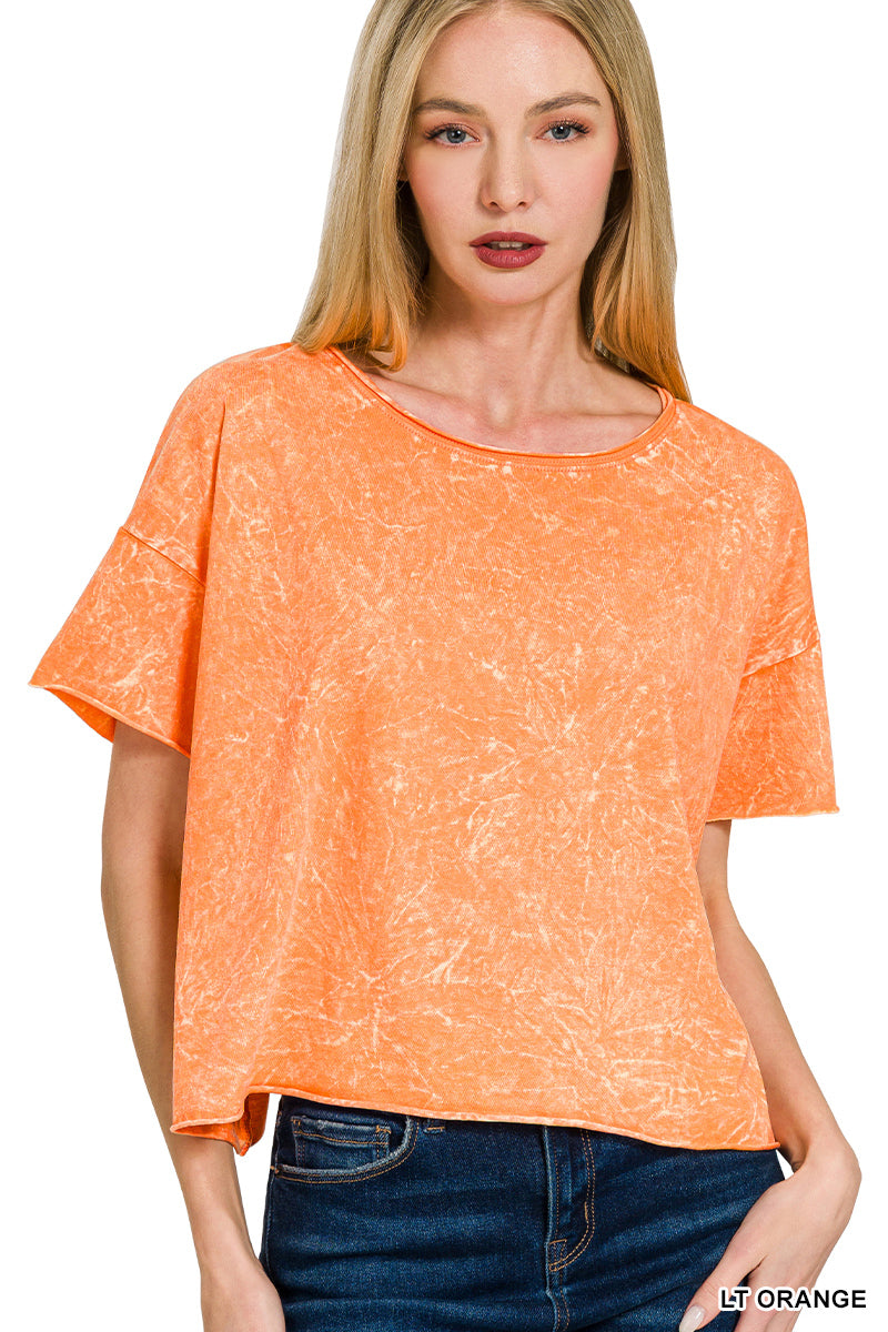 Zenana-CRINKLE WASHED CREW NECK SHORT SLEEVE CROP BOX TEE