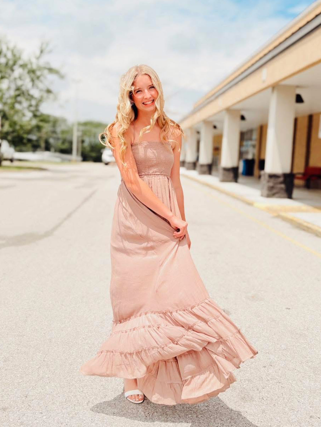 Halter Neck smocked Bodice Tiered Hem Maxi Dress