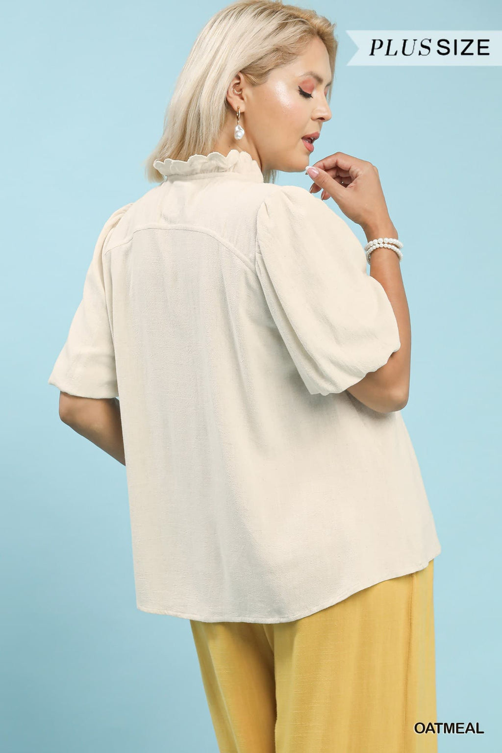 Plus Size Umgee Linen Scallop Trim V-Neck Top
