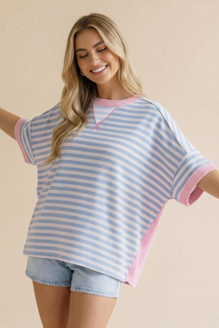 Oversized Blue & Pink Stripe Top