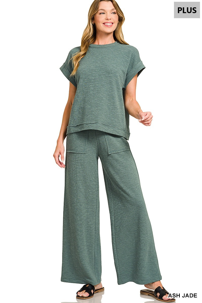 Zenana-PLUS SLUB SHORT SLEEVE TEE & LONG PANTS SET