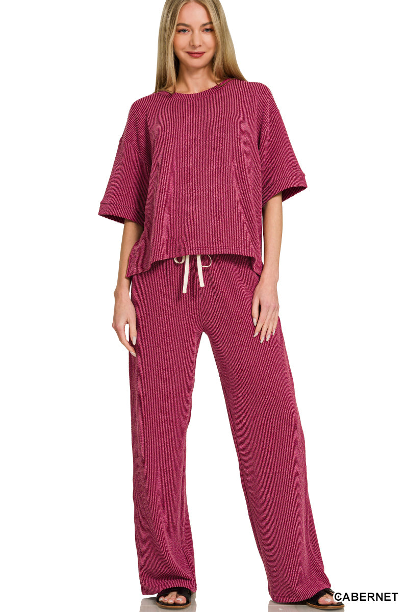 Zenana-RAISED RIB SHORT SLEEVE TEE & PANTS SET