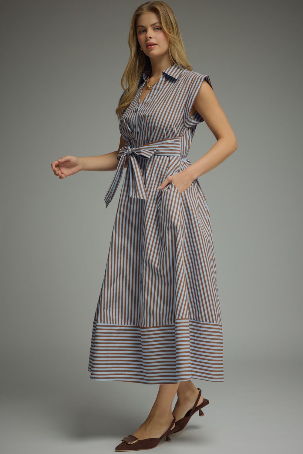 Entro-Striped cap sleeve midi dress.