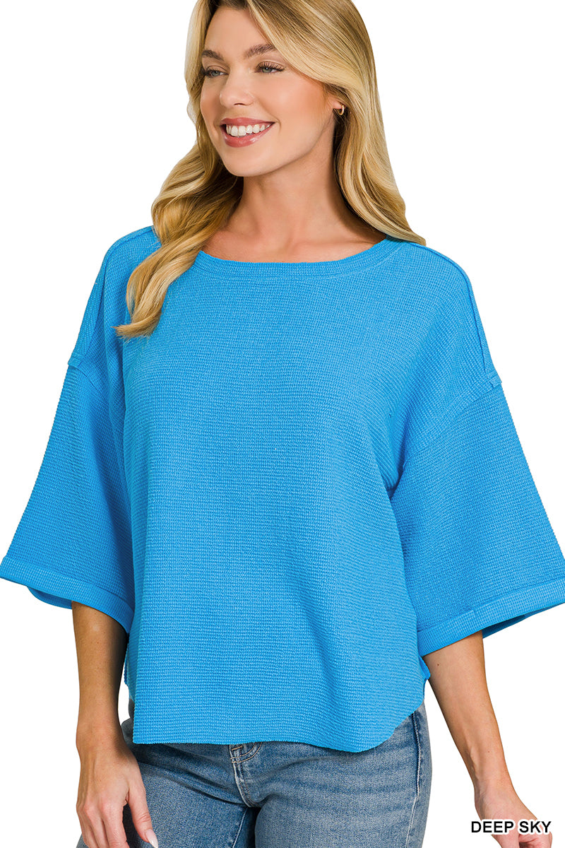Zenana- DOUBLE KNIT EXPOSED SEAM CURVED HEM SHORT SLEEVE TOP