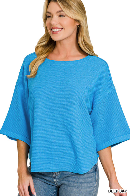 Zenana- DOUBLE KNIT EXPOSED SEAM CURVED HEM SHORT SLEEVE TOP