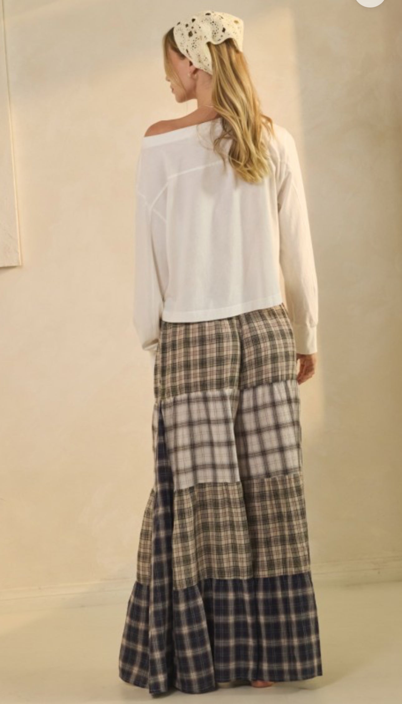 Patchwork Plaid Wide leg Drawstring Lounge Pants