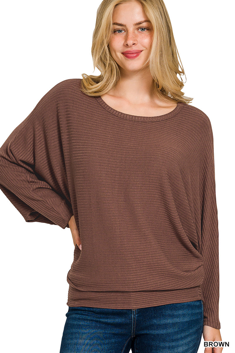 Zenana-RIBBED BATWING LONG SLEEVE BOAT NECK SWEATER