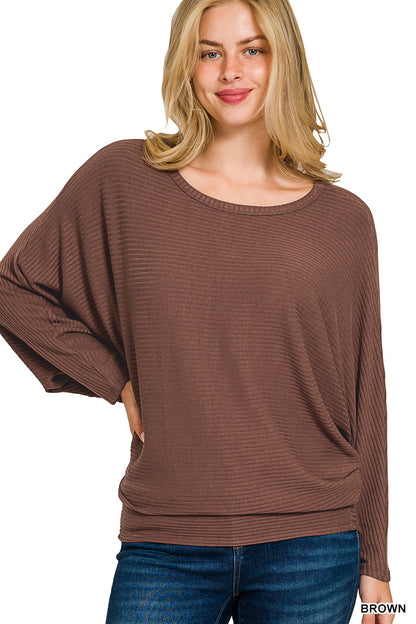 Zenana-RIBBED BATWING LONG SLEEVE BOAT NECK SWEATER