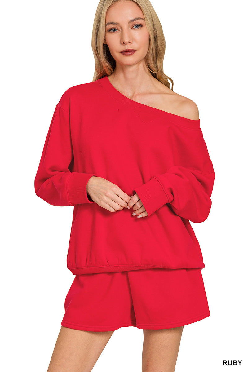 Zenana-FLEECE BOAT NECK SWEATSHIRTS & SHORTS 2PCS SET