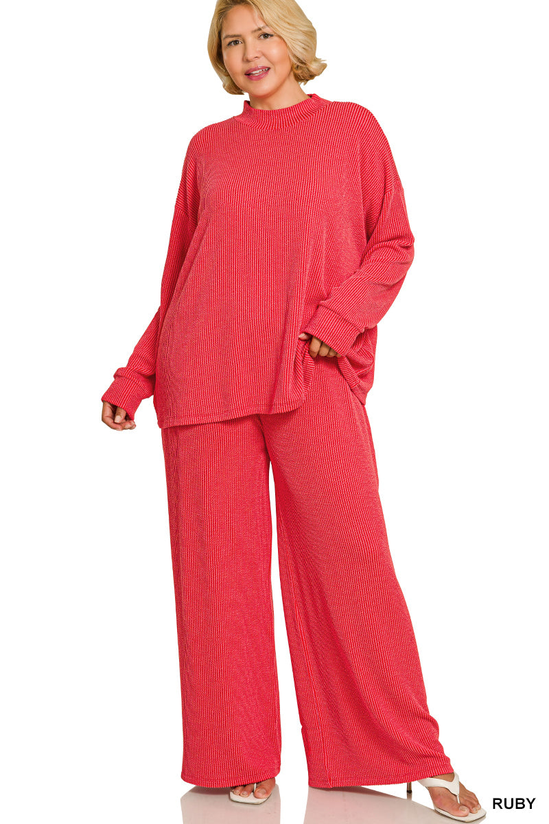 Zenana-PLUS RAISED RIB MOCK NECK LONG SLEEVE TEE & PANTS SET