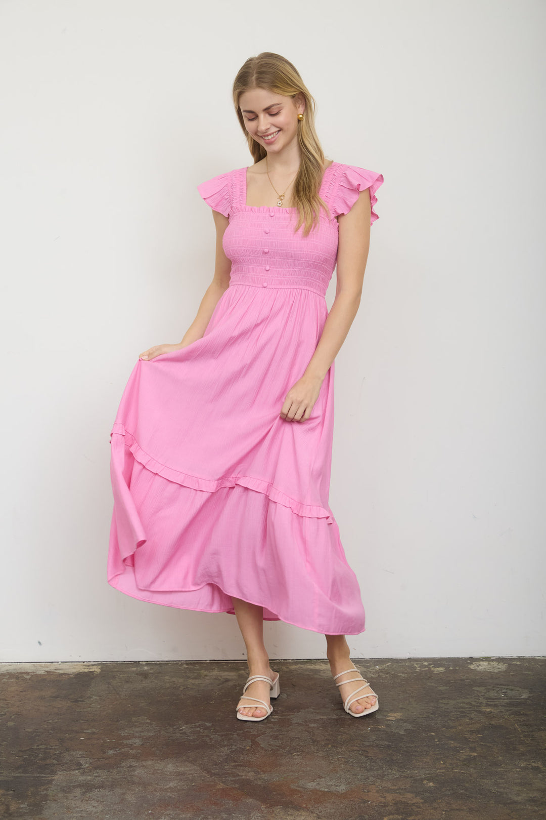 Blu Pepper MOCK BUTTON DOWN SMOCKED RUFFLE DETAIL MIDI DRESS