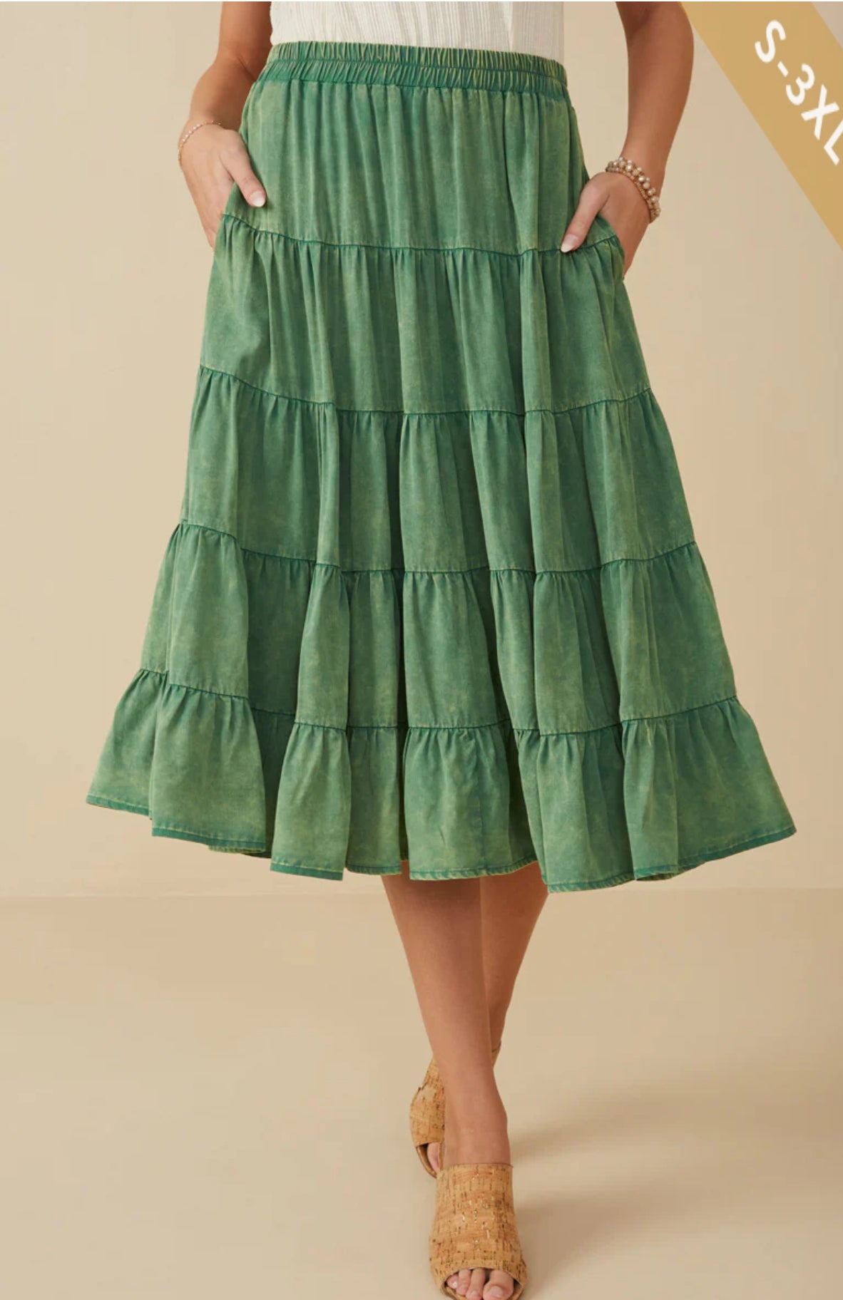 Womens Mineral Washed Green Tiered Maxi Skirt