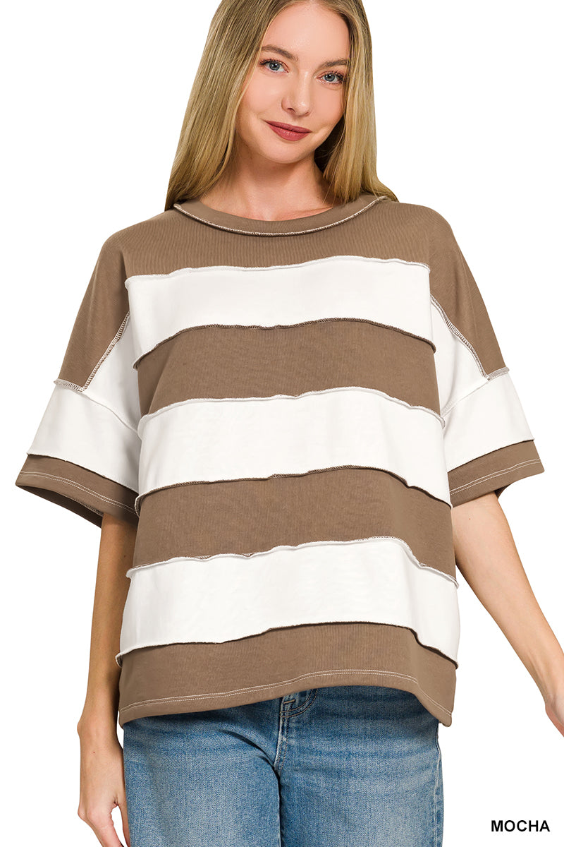 Zenana-FRENCH TERRY STRIPED EXPOSED SEAM TOP