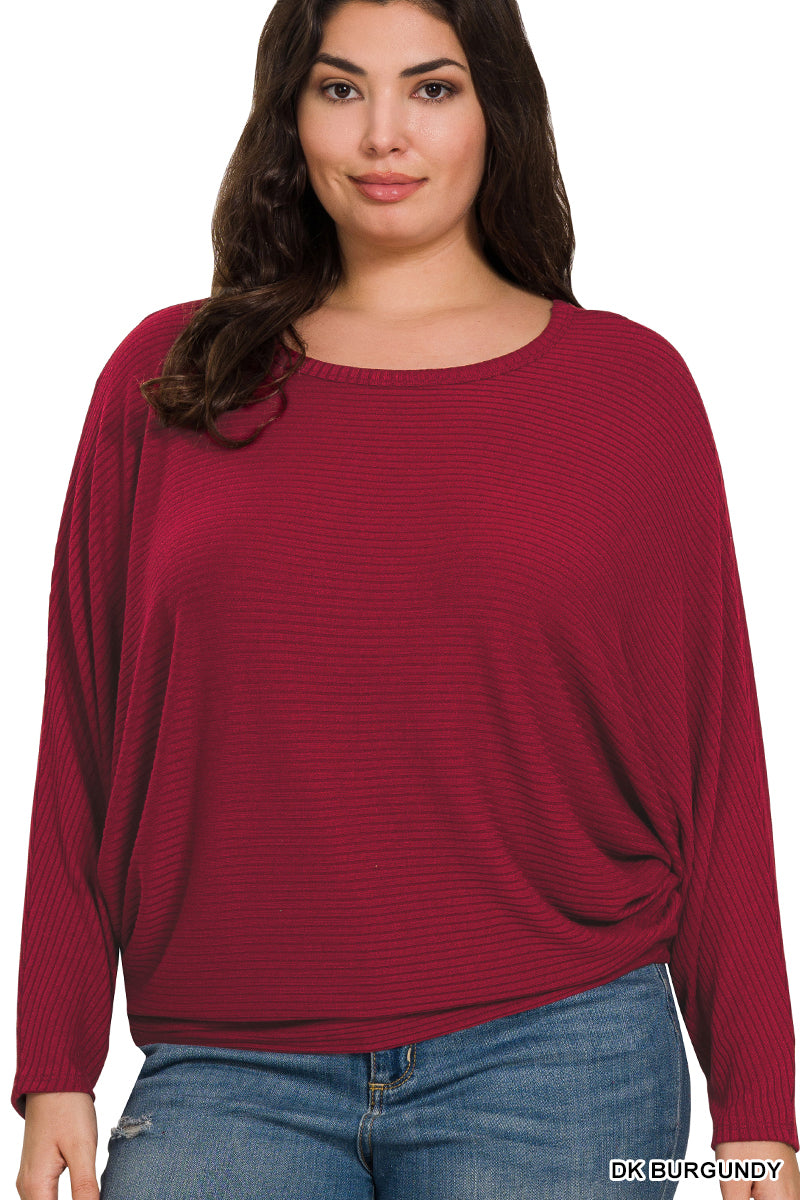 Zenana- PLUS RIBBED BATWING LONG SLEEVE BOAT NECK SWEATER