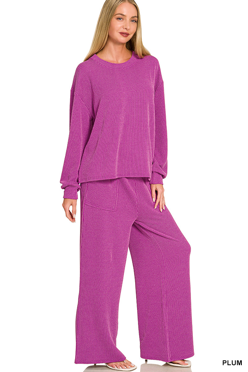Zenana-Raised Rib pant set w/pockets