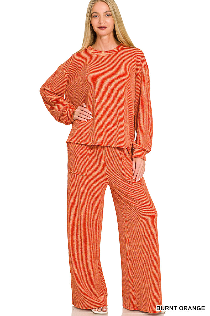 Zenana-Raised Rib pant set w/pockets