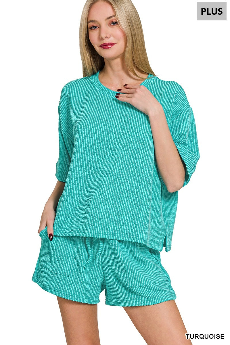 Zenana-PLUS RAISED RIB SHORT SLEEVE TEE & SHORT PANTS SET