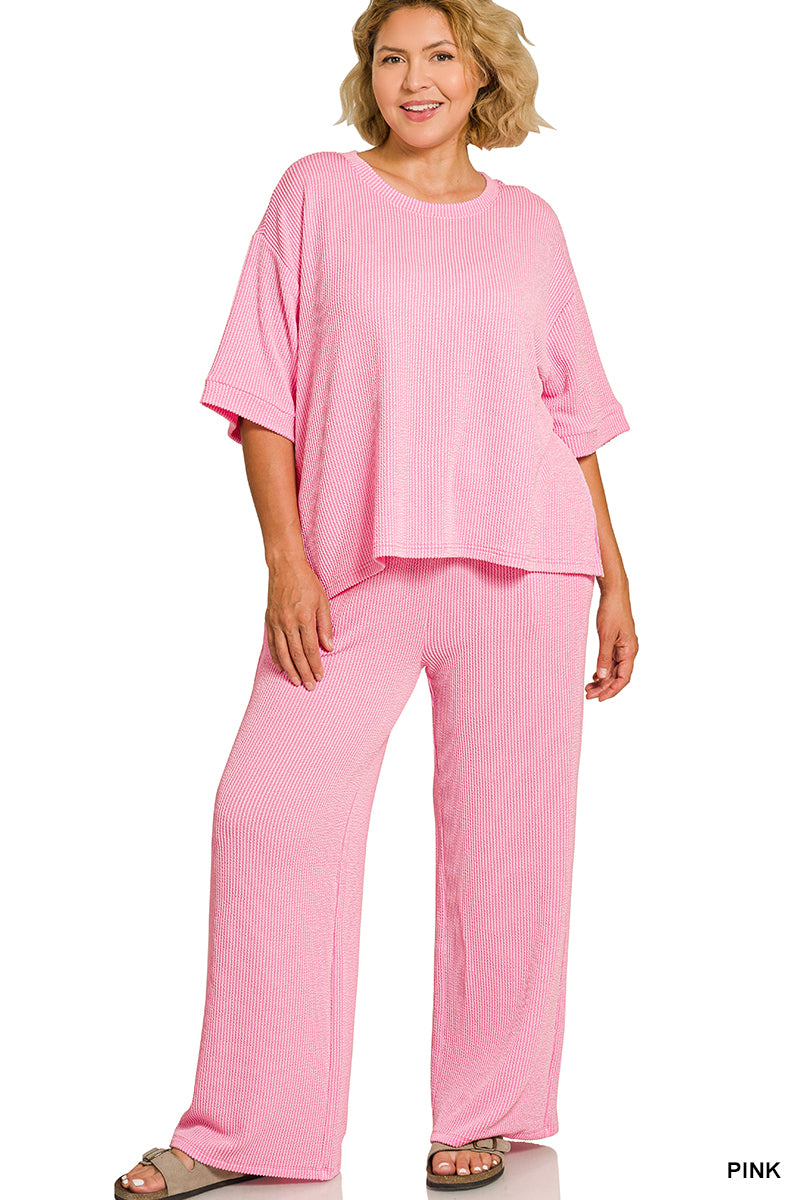PLUS-Zenana RAISED RIB SHORT SLEEVE TEE & PANTS SET