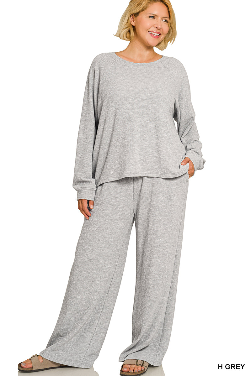Zenana-PLUS SLUB LONG SLEEVE TOP & PANTS 2PCS SET