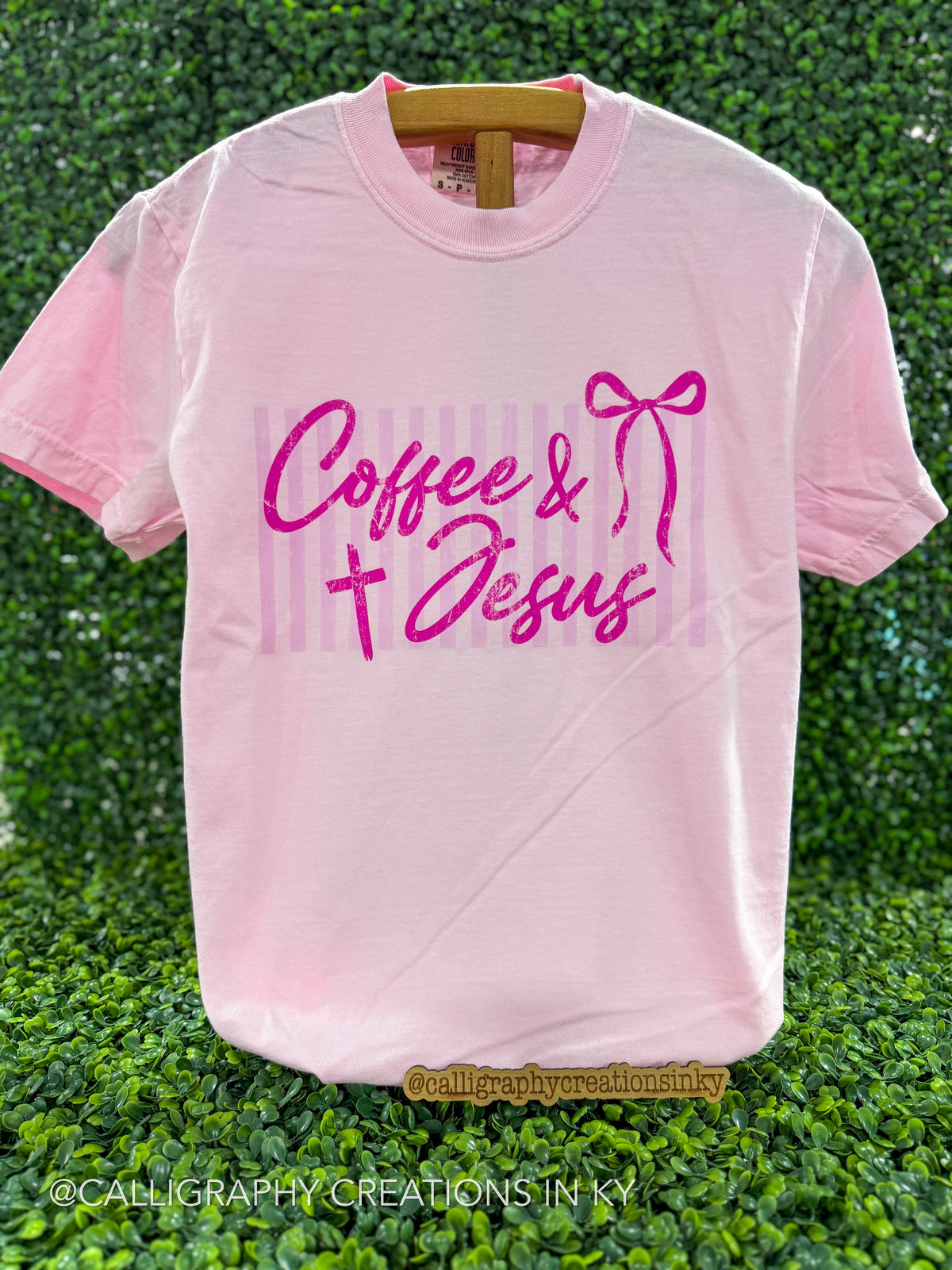 Pink tshirt with a coffe and Jesus design 