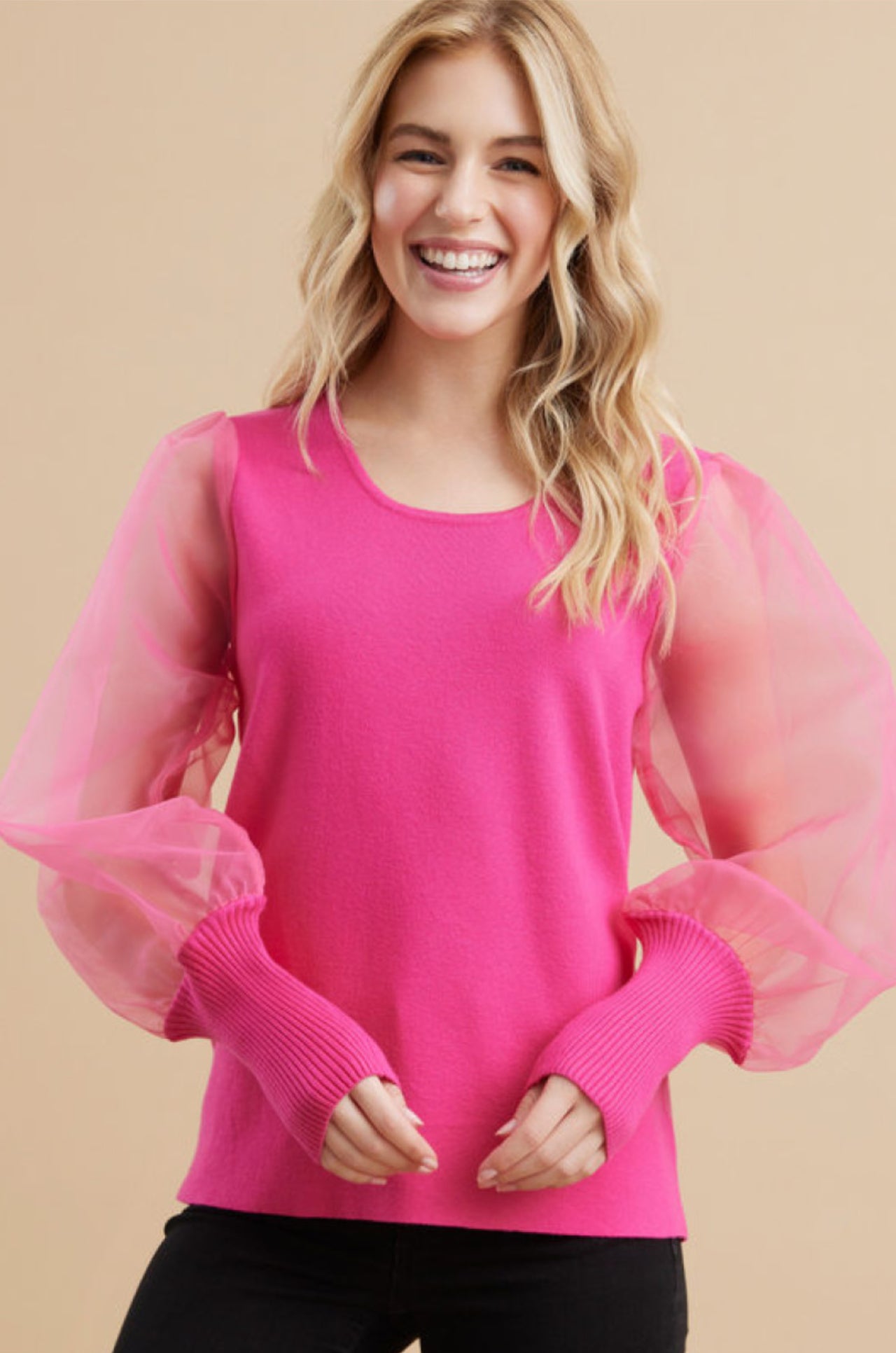 BB-Hot Pink Sheer Sleeve Top