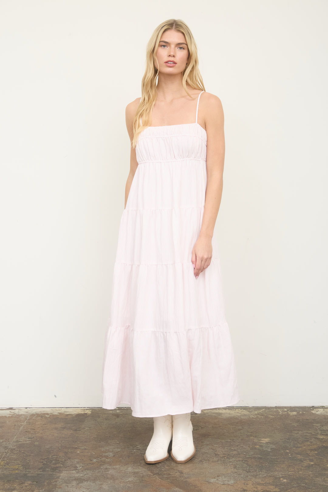 Blu Pepper STRIPE SHIRRED EMPIRE WAIST TIERED MIDI DRESS