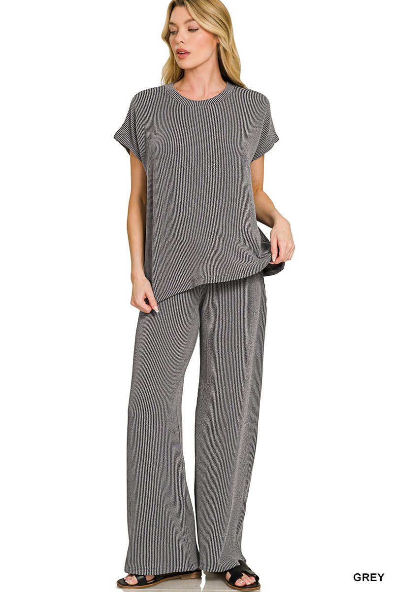 Zenana-RAISED RIB RELAXED TOP & PANTS SET
