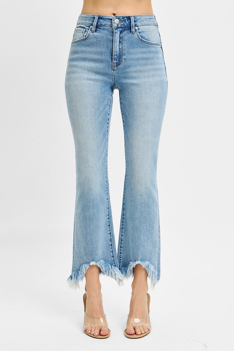 Risen High Rise Crop Bootcut Frayed Hem Pants