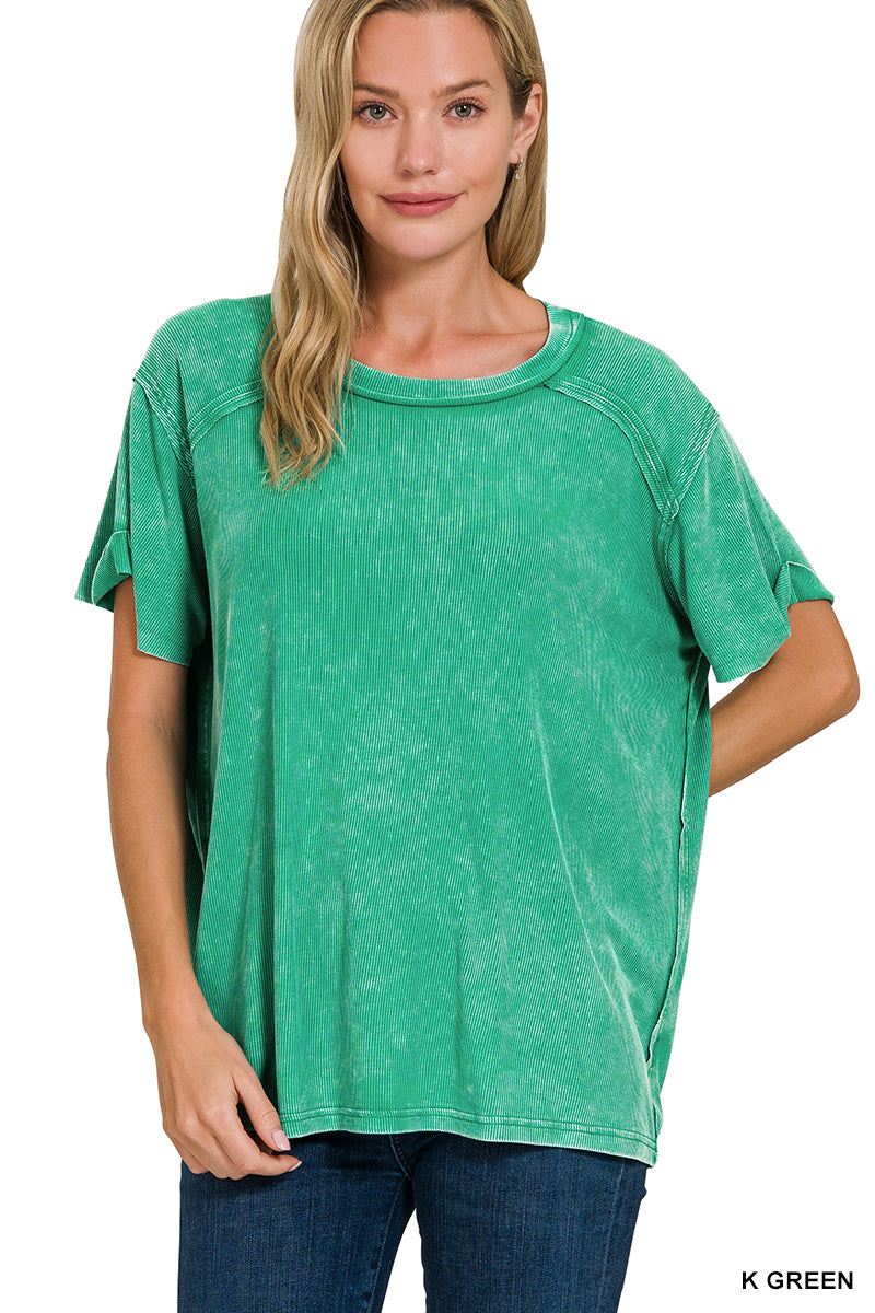 Kelly Green • Washed Ribbed Boat Neck Top