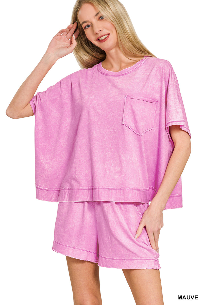 Zenana- ACID WASHED OVERSIZED TOP & SHORTS SET