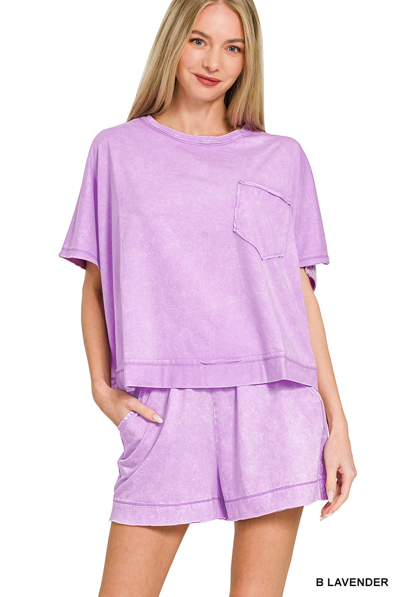 Zenana- ACID WASHED OVERSIZED TOP & SHORTS SET