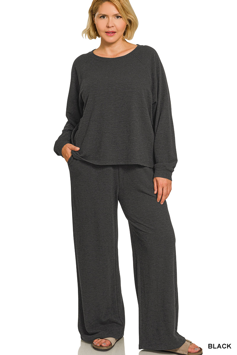 Zenana-PLUS SLUB LONG SLEEVE TOP & PANTS 2PCS SET