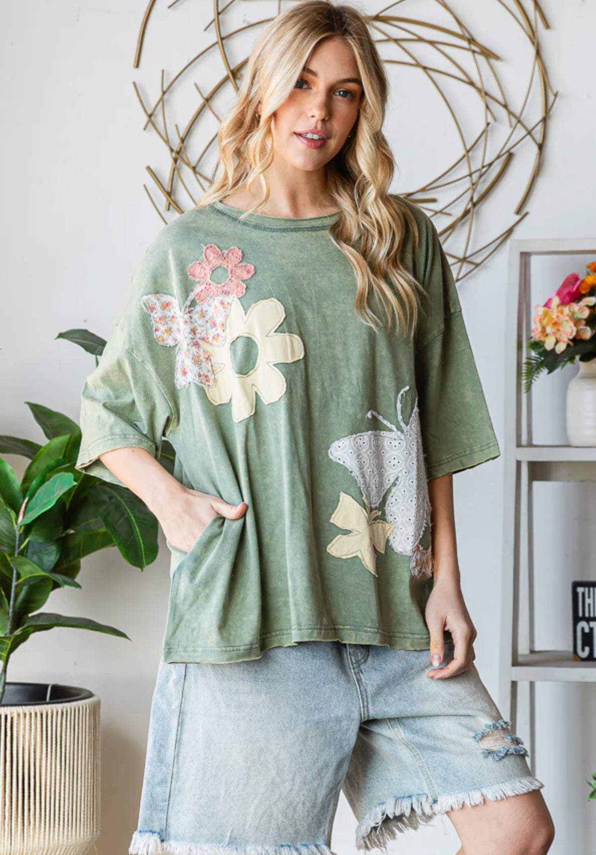 Green Flower & Butterfly Top