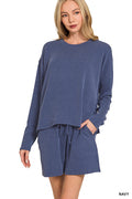 Zenana-RAISED RIB LONG SLEEVE TEE & SHORTS SET