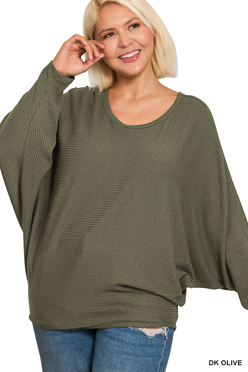 Zenana- PLUS RIBBED BATWING LONG SLEEVE BOAT NECK SWEATER