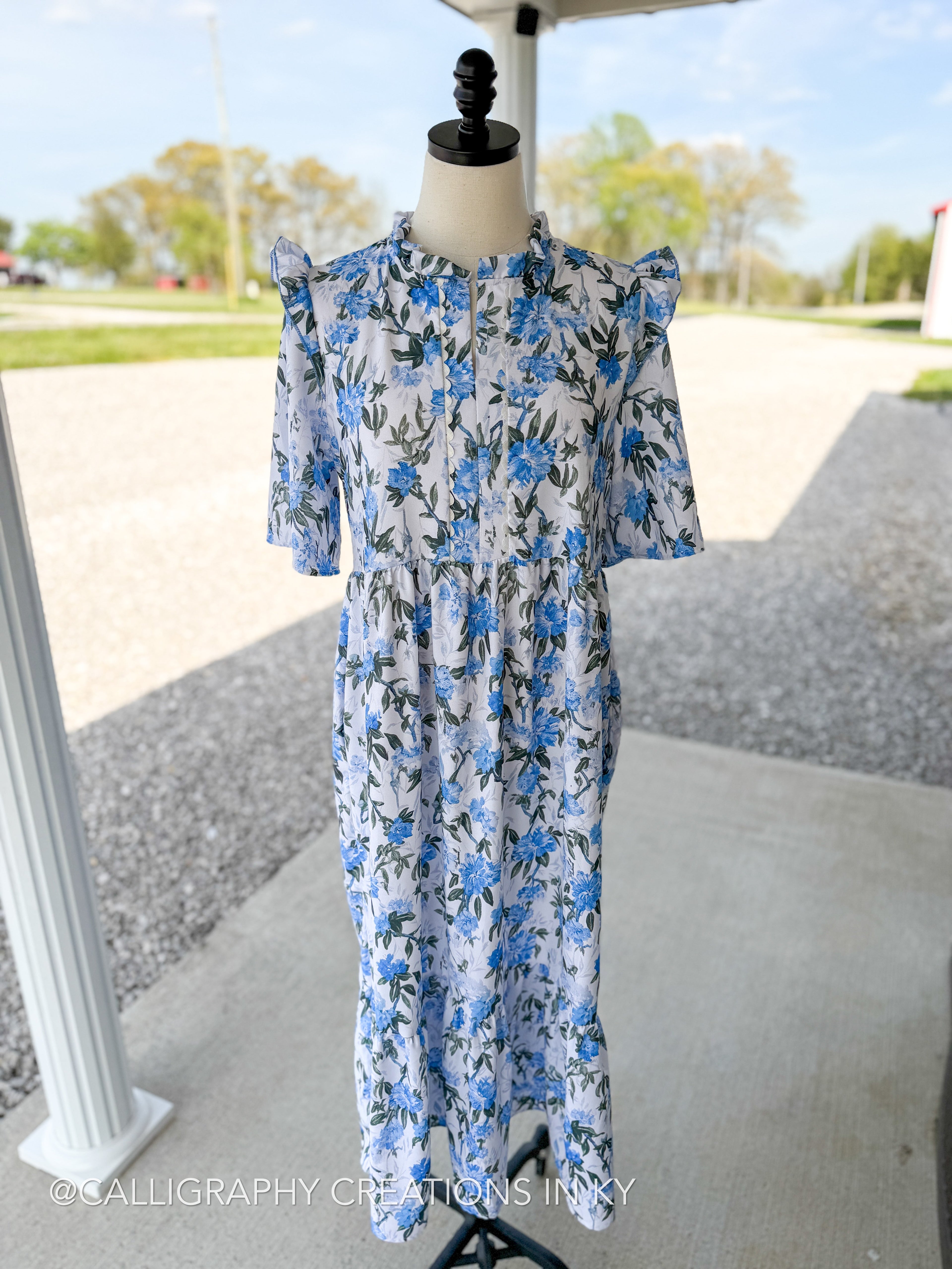 Ivory & Blue Babydoll Tiered Dress