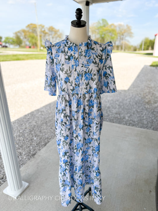 Ivory & Blue Babydoll Tiered Dress
