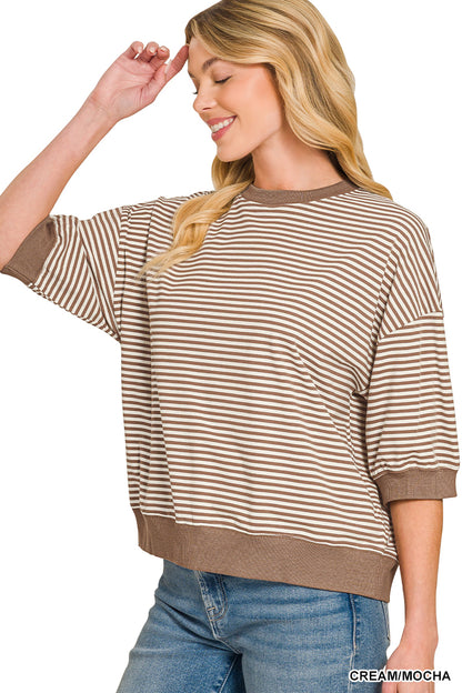 Zenana-STRIPED CONTRAST TRIM RIB BANDED TOP