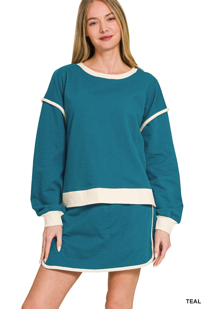 Zenana-FRENCH TERRY DROP SHOULDER PULLOVER & SKORTS SET