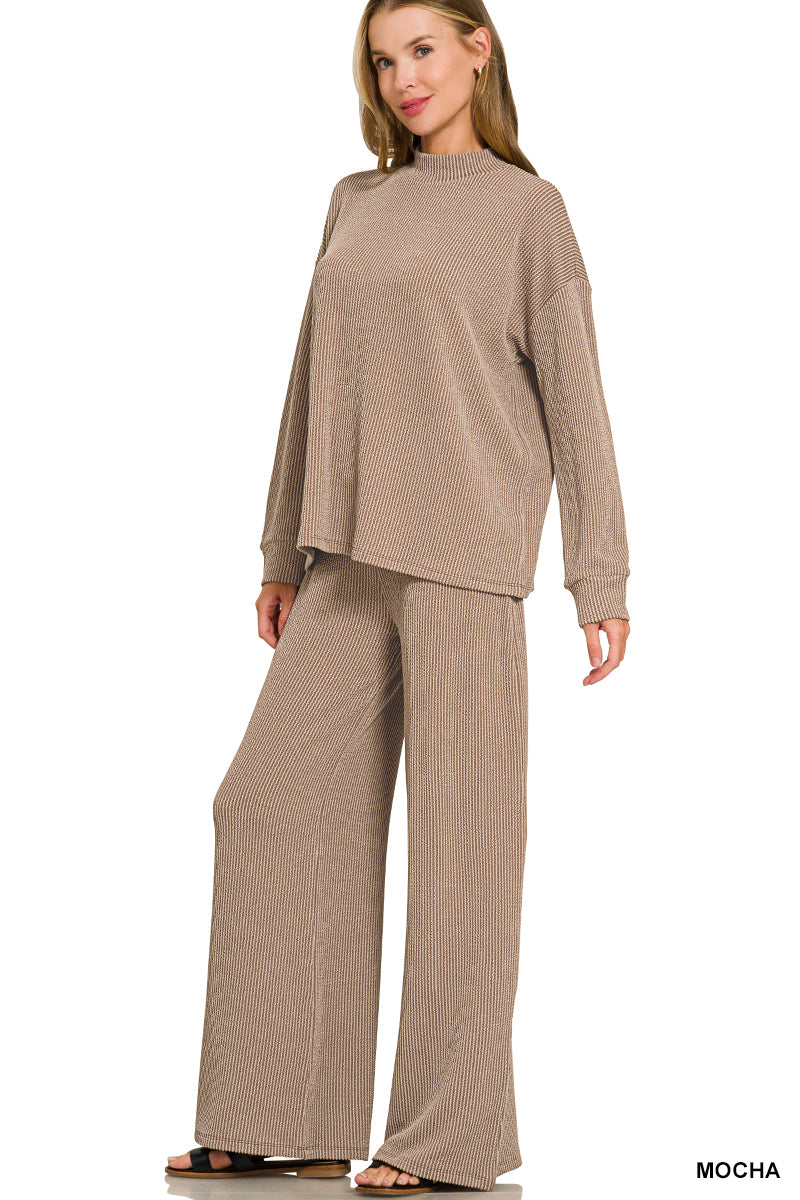 Zenana-RAISED RIB MOCK NECK LONG SLEEVE TEE & PANTS SET