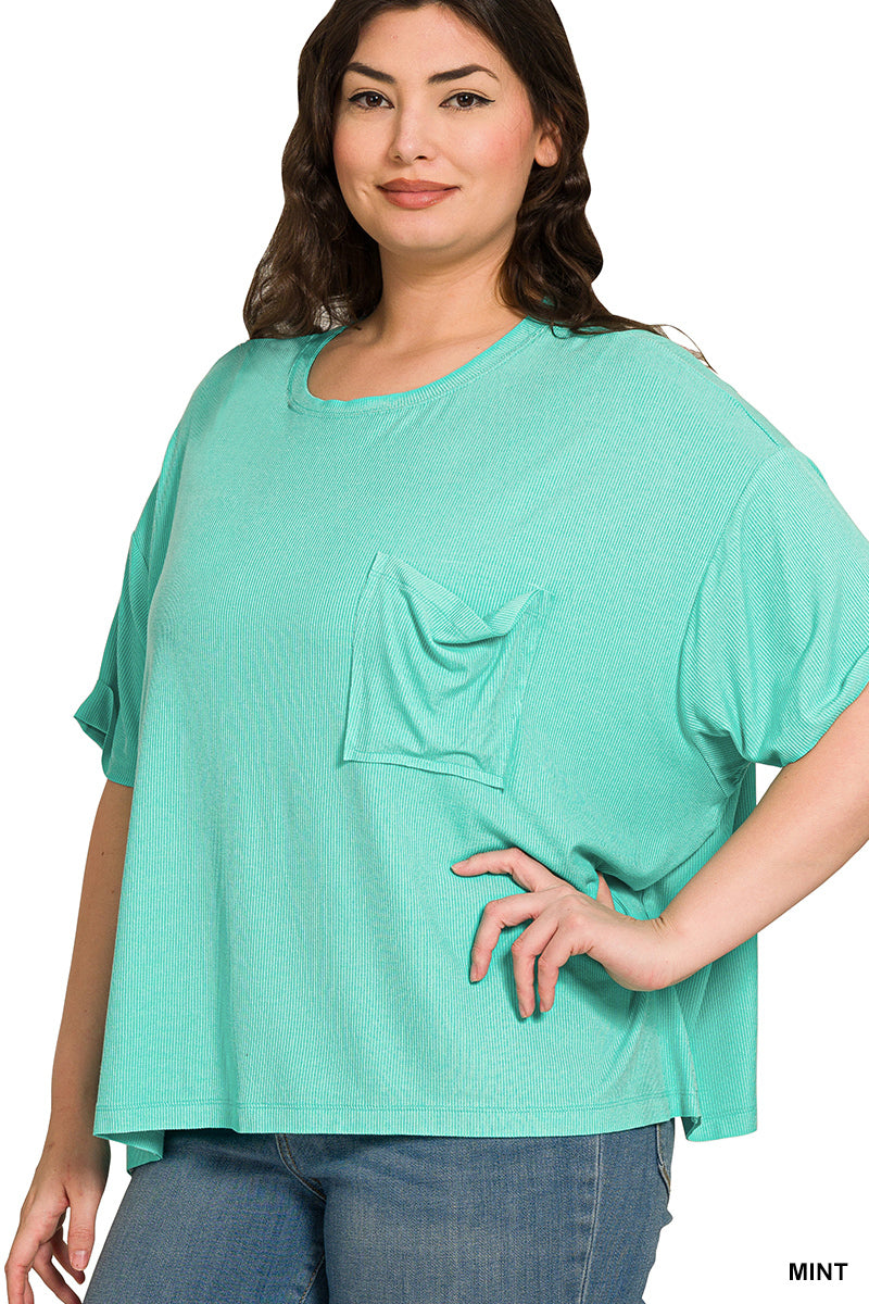 Zenana-PLUS OVERSIZED RIBBED ROUND NECK SHORT SLEEVE TEE