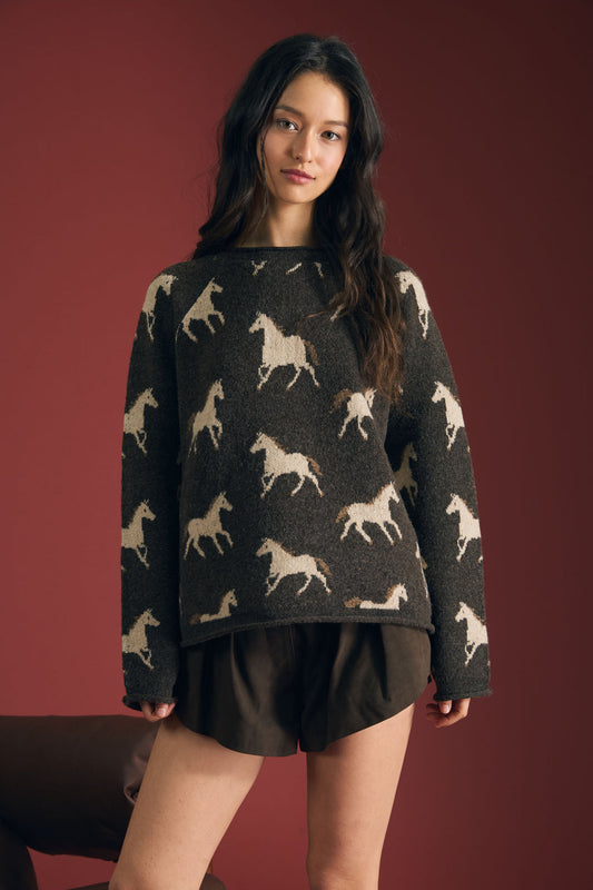 Blu Pepper-HORSE JACQUARD RAW TRIM LONG SLEEVE KNIT SWEATER