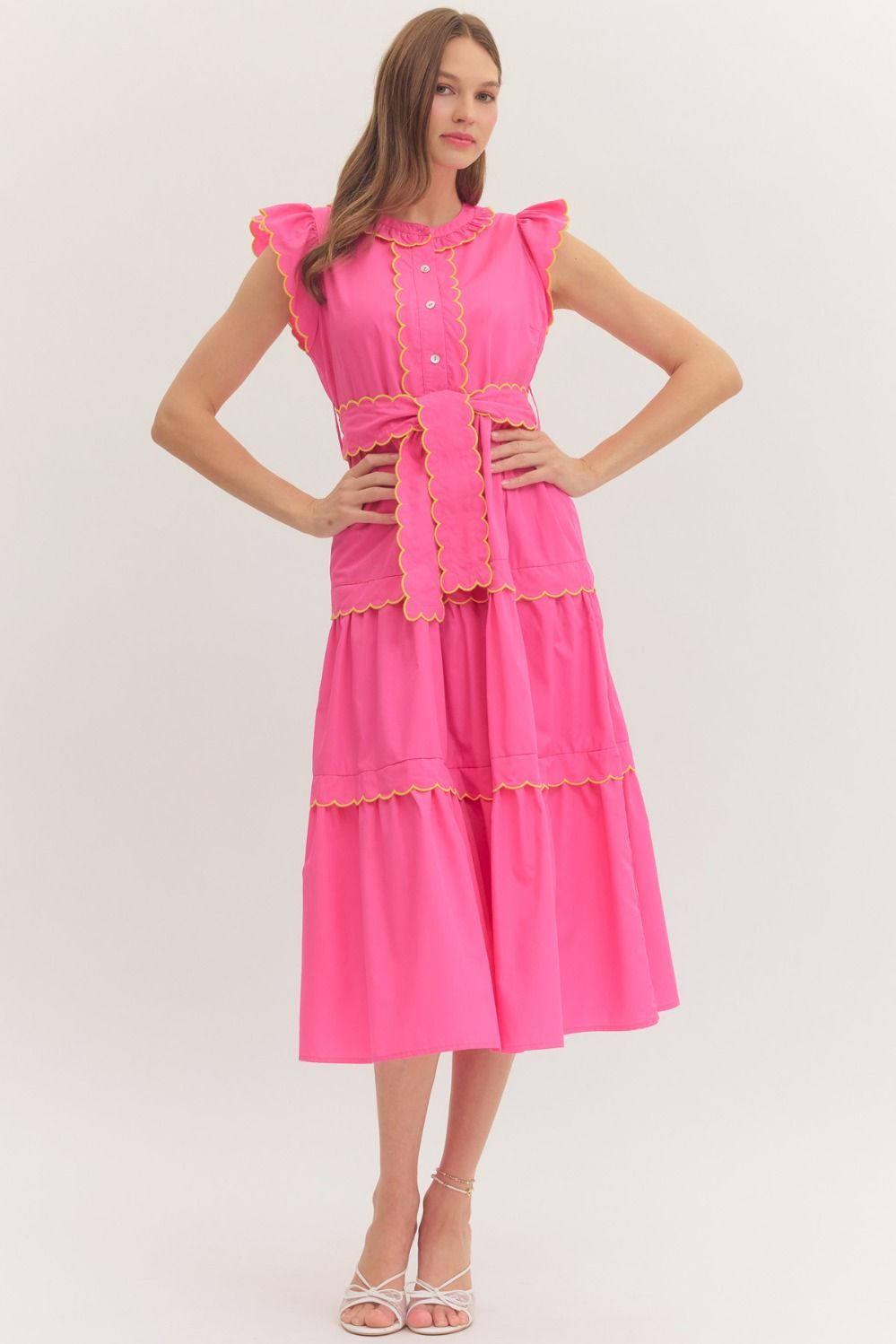 Solid scallop trim sleeveless midi dress.