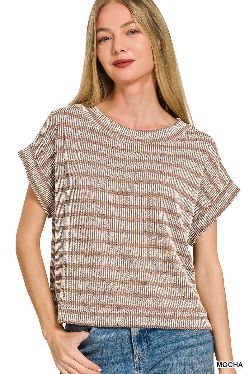 Zenana- RAISED RIB STRIPED TOP